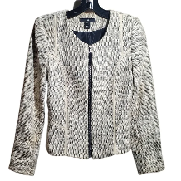 H&M Ivory & Black Tweed Cropped Lined Jacket