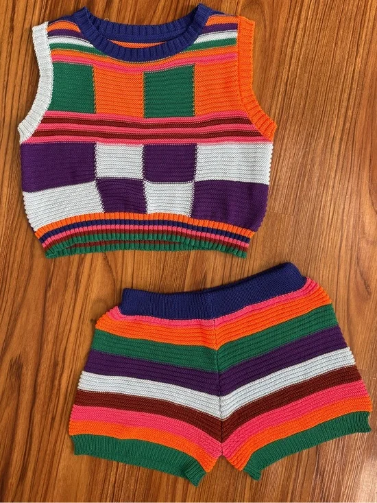 Rainbow Knit Matching Set with Crop Top and Shorts (Festival)