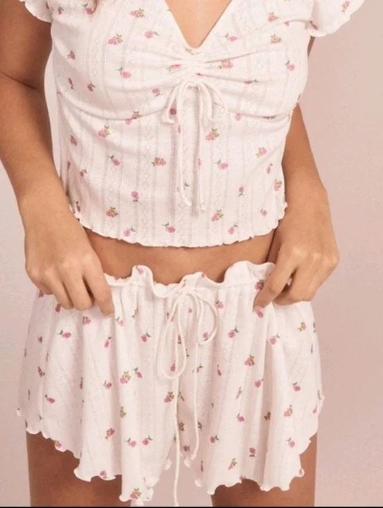For Love And Lemons Blossom Pointelle Matching Set Pajama Top & Shorts White XS