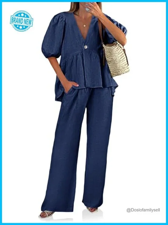 2 Piece Linen Set Puff Sleeve Babydoll Top Wide Leg Pants Matching Set Vacation