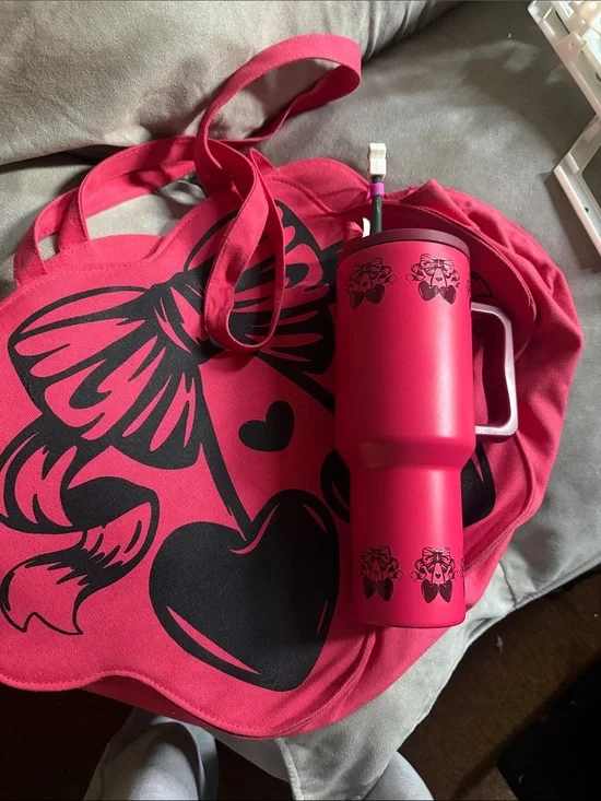 Hot Pink Tote  cherry bow heart and Matching Travel Mug Set