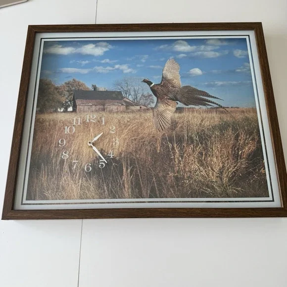 Vintage Pheasant Hunting‎ Clock Painting Wood Frame Wall Decor TESTED - WORKS