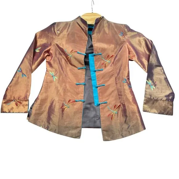 Miniye Jacket Asian Inspired Silk Blend Jacket Lined Dragonflies‎ 3/4 Sleeve