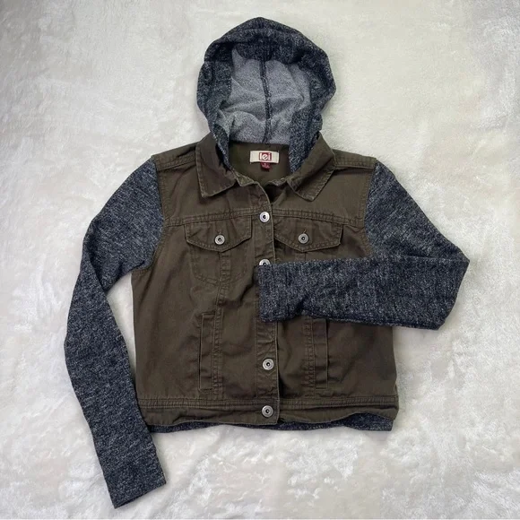 L.E.I. Mixed Media Olive Green Denim Jacket Knit Sleeves & Hoodie Small