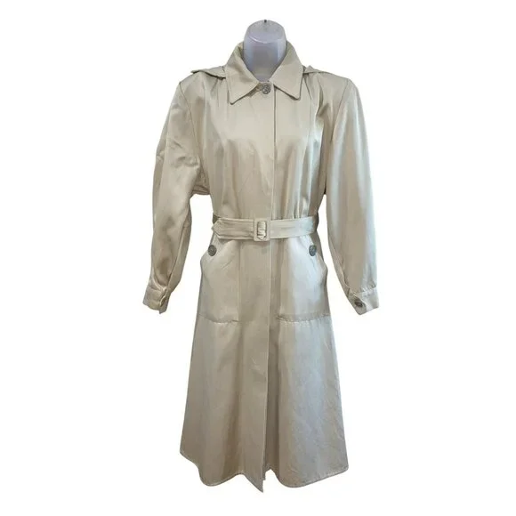 Vintage 70’s Beige Button-Up Trench Dress Coat With Belt & Pockets For Women Siz