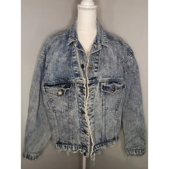 Vintage 90s Acid Wash Denim Trucker Jacket XL Distressed