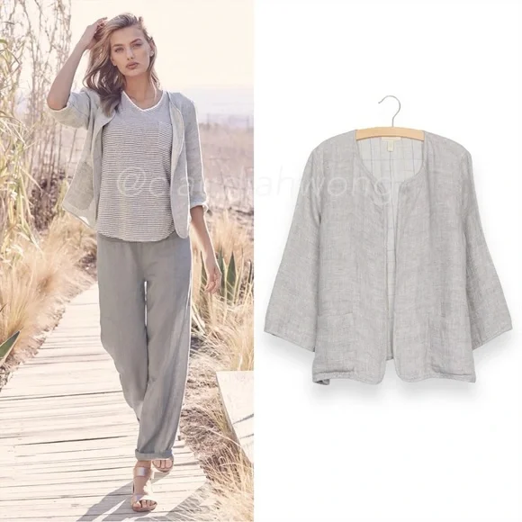 EILEEN FISHER Check Linen Round Neck Jacket in Dark Pearl Grey