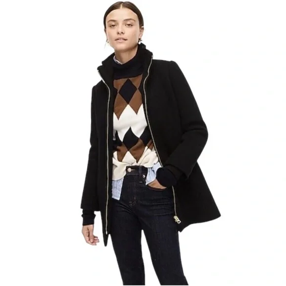 J.Crew Black Lodge Coat in Italian Stadium-Cloth Wool Sz 0