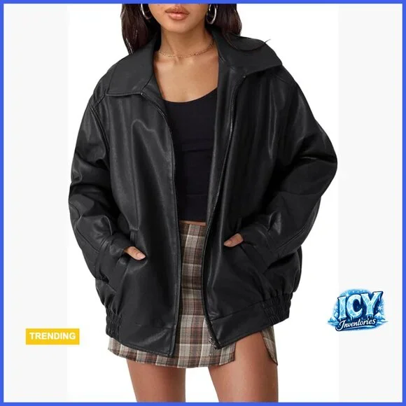 Oversized Faux Leather Motorcycle Jacket with Zipper Closure