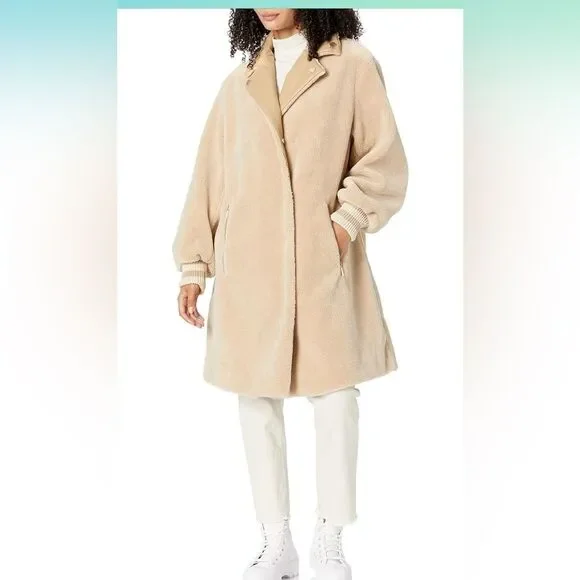 A|X ARMANI EXCHANGE Womens Zipper Detailing Sherpa Peacoat Jacket Sz Large Beige
