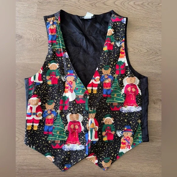 Vintage 90s 111 Main Holiday Christmas Teddy Bear Vest Back Tie Size M USA Made