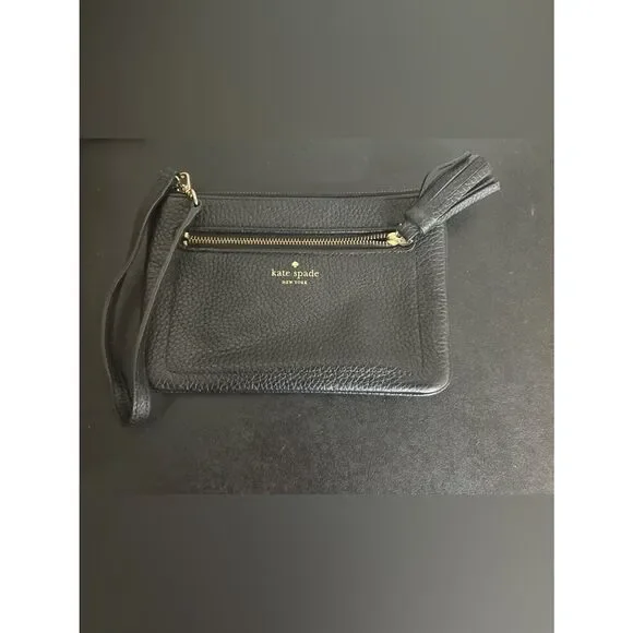 kate spade Black Pebbled Leather Wristlet with Tassel