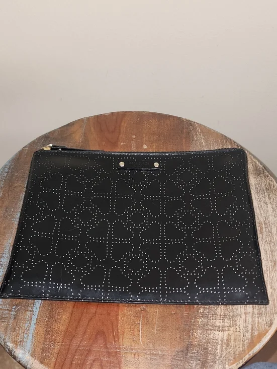 Kate Spade New York Jaquard Print Floral Black Studded Paient Leather Zip Pouch