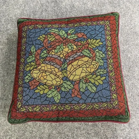 Vintage‎ 90s Riverdale Christmas Tapestry Throw Pillow Bells Ornaments 16x16 USA