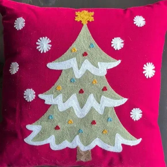Embroidered Red Canvas Christmas Tree Pillow 17