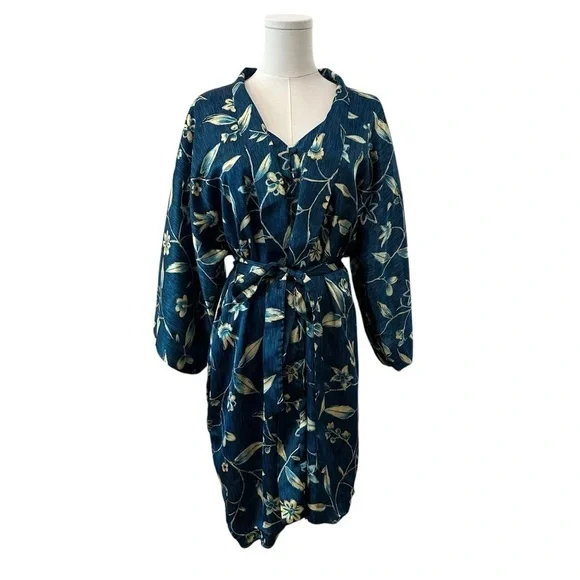 Vintage Y2K Blue Wrap Floral Soft Robe Matching Nightgown Intimates Pajama Set