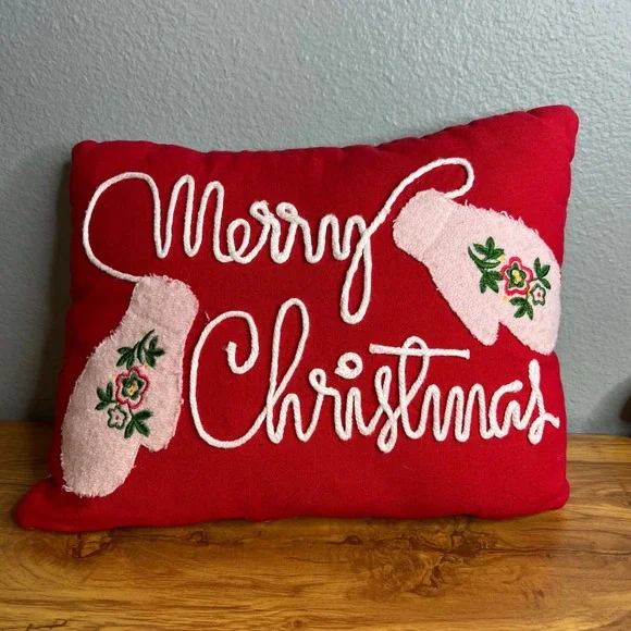 Hallmark Home‎ Christmas Pillow Red Mitten Holiday Embroidered Decor Throw