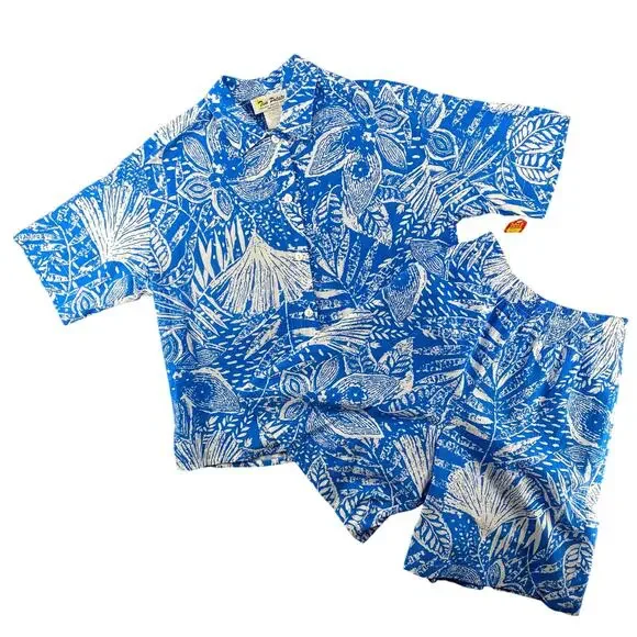 Vtg NOS 80s 90s Two Potato Resortwear Matching Vacation Set Botanical Print Blue