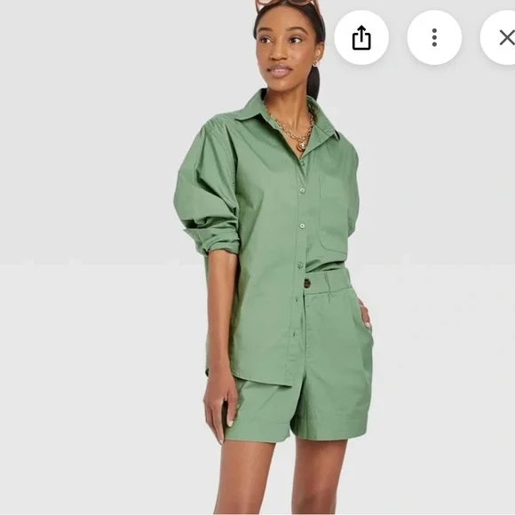 Women's Matching Cotton Poplin Set: High-Rise Poplin Shorts & Shirt, Green, S