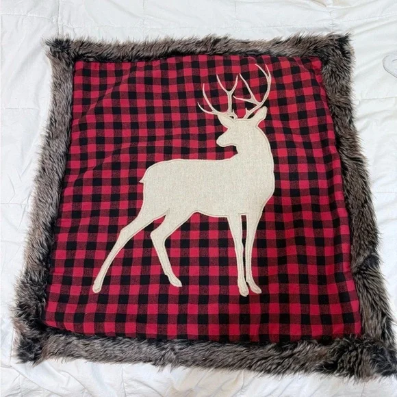 Faux Fur Buffalo Check Plaid Deer Throw Pillow Cover 22* 22