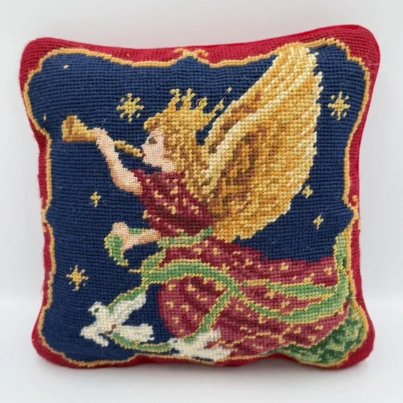 VTG Needlepoint Angel Pillow 9x9 Christmas Tapestry Decor Folk‎ Art Cottagecore