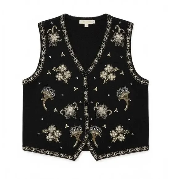 Vintage Yarnworks Beaded Pearl Embellished Ramie Cotton Vest Large Statement
