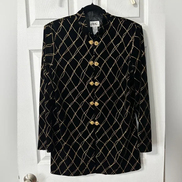 JBS Blazer Jacket 14 Black Velvet Gold Accents Evening Wear NYE Holiday Party