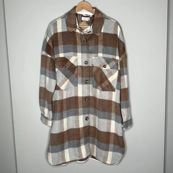 Evereve Raye Long Plaid Shacket Jacket in Camel Size Large NWT