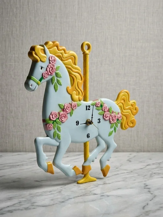 Vintage J.S.N.Y. Plastic Carousel Horse Wall Clock Retro Nursery Decor
