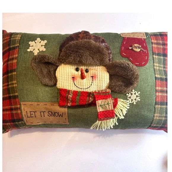 Hobby Lobby Snowman Decorative Pillow OS Green Red Excellent Plaid Let It Snow