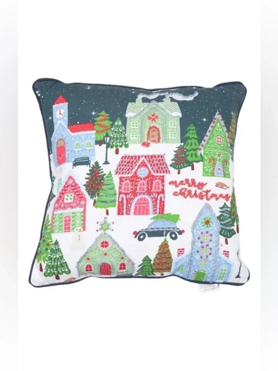 Twinkle Town Merry Christmas Village Sky Hand Embroidered Throw Pillow NWT