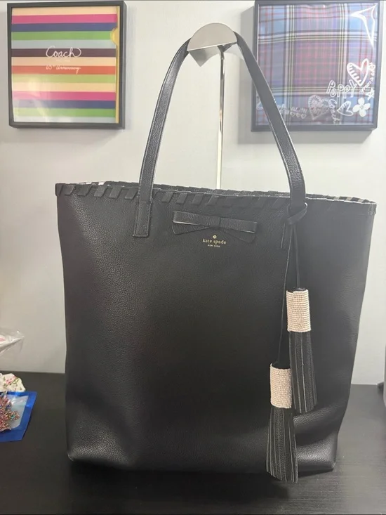 kate spade On Purpose Black Leather Tote with Tassel Accents