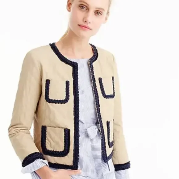 J.Crew Quilted Crop Lady Jacket Tan Braided Fringe Trim Blazer Sz 00