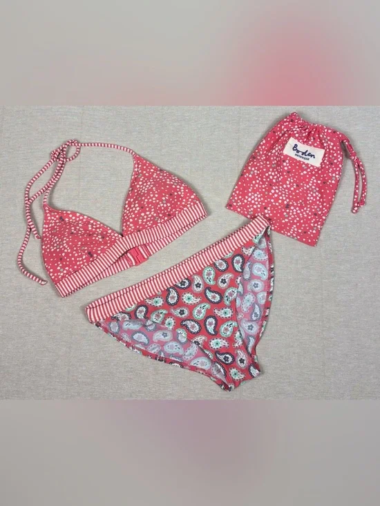 Boden Pink Paisley Heart Print Bikini Set w/ Matching Bag US 4 Swimwear