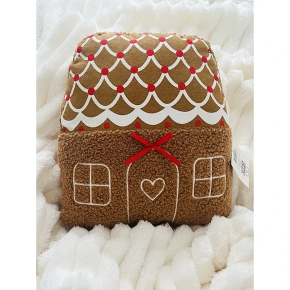 Gingerbread‎ House Shaped Decorative Faux Fur Pillow Home Seasonal Decor 10x10
