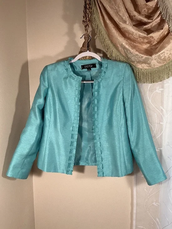 KASPER Petit Turquoise Color Shimmer Open Front Jacket Blazer Size 8P Poly/Rayon