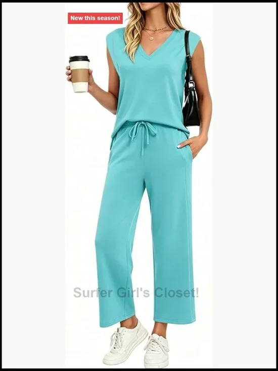 V Neck Lounge Set 2 Piece Outfit Travel Vacation Matching Sets