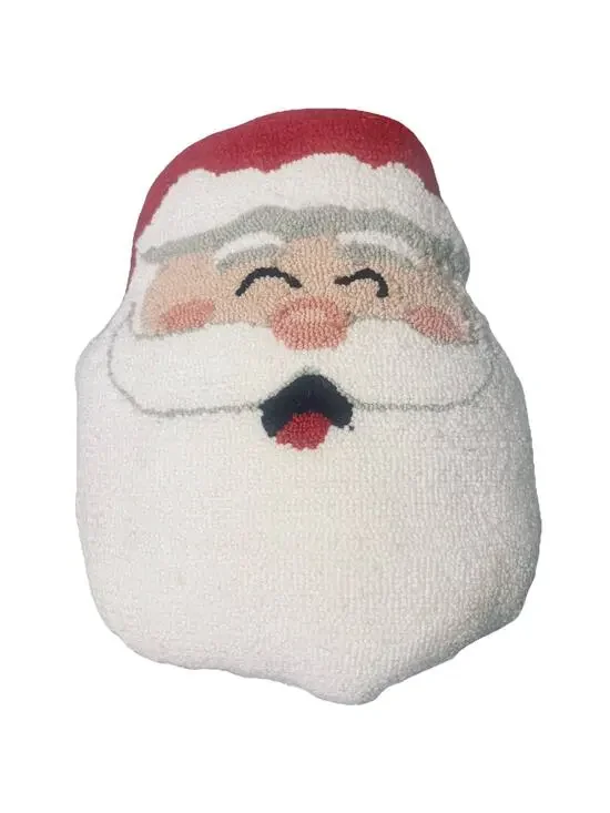 Vintage Hooked Wool Santa Claus Christmas Throw Pillow Head Shape 18”