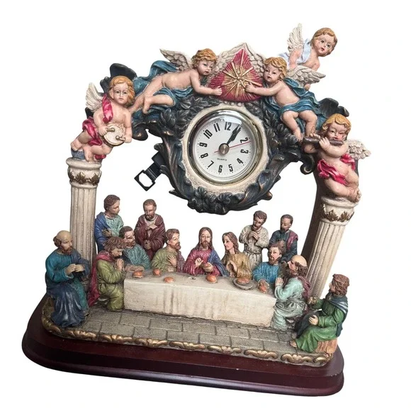 Vintage Last Supper Mantel Clock Religious Tabletop Decor Cherub Angels