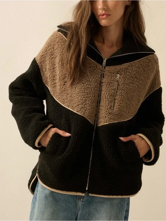 Promesa chevron colorblock fleece teddy fur Jacket in Black & Brown size L
