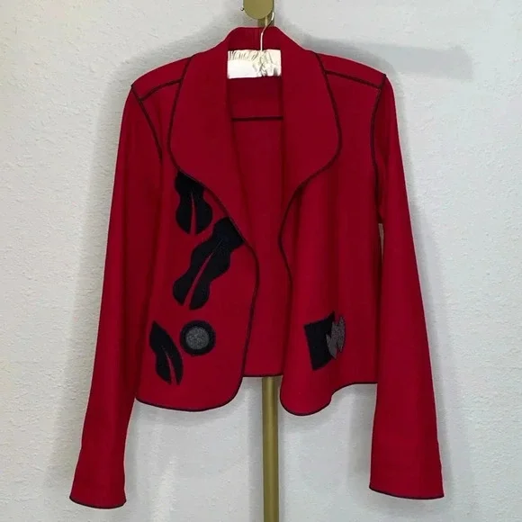 Vintage 80s Beppa 100% Wool Deep Cobalt Red Coat XS/S/M Bohemian Folk Art Design