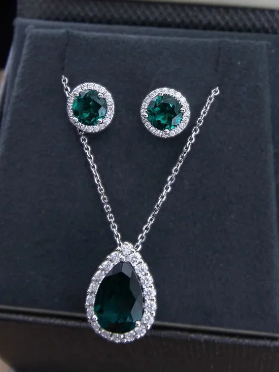 Large Emerald Diamond Pendant and Matching Earrings Set XLT 14kt White Gold
