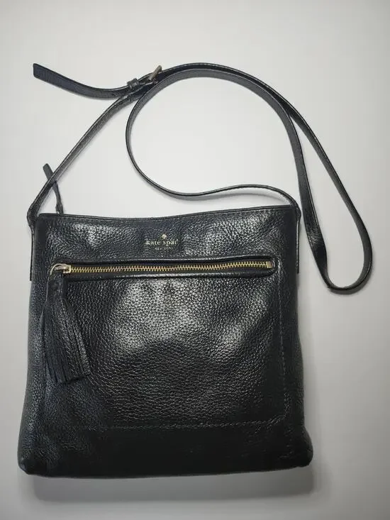 Kate Spade Crossbody Bag Black Leather Gold Tassel Minimalist Pebbled