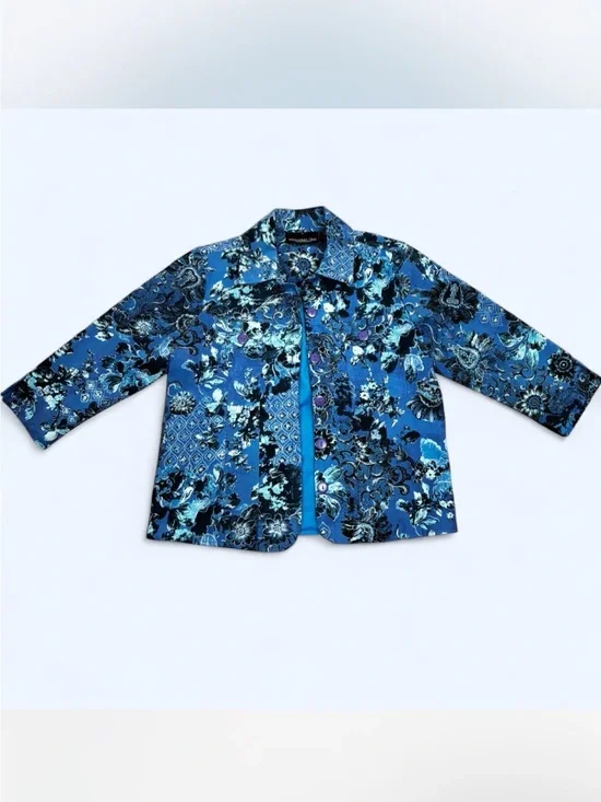 Vintage Blue Floral Jacket Blazer Soft Surroundings Style Artsy Boho SMALL
