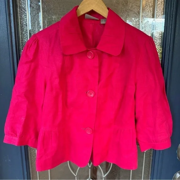 Kim Rogers Size 12 Cropped Peplum 3/4 Length Sleeves Button Up Jacket linen