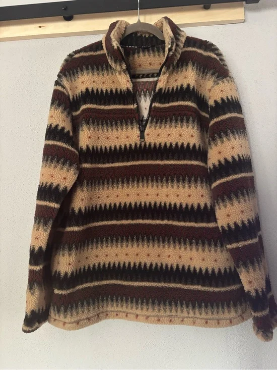Stoic Southwestern Aztec Sherpa Fleece 1/4 Zip Pullover Cream Brown Size M