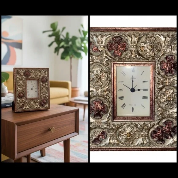 Vintage Galassi Italian Ornate MCM Gold Leaf Distressed Easel Back Clock