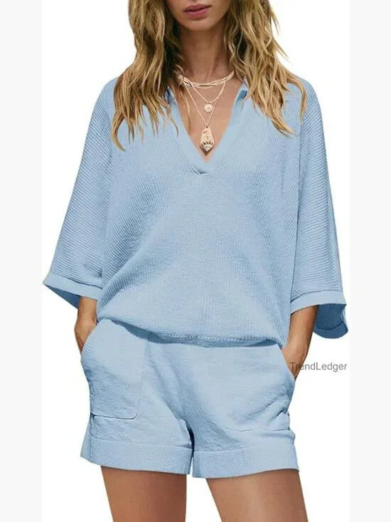 Womens Lounge Set Oversized Summer Sweater Matching Shorts Travel Outfits