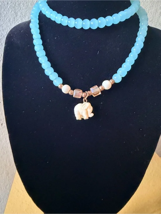 Turquoise Blue Glass Bead Necklace & Matching Earrings Set with Elephant Charm