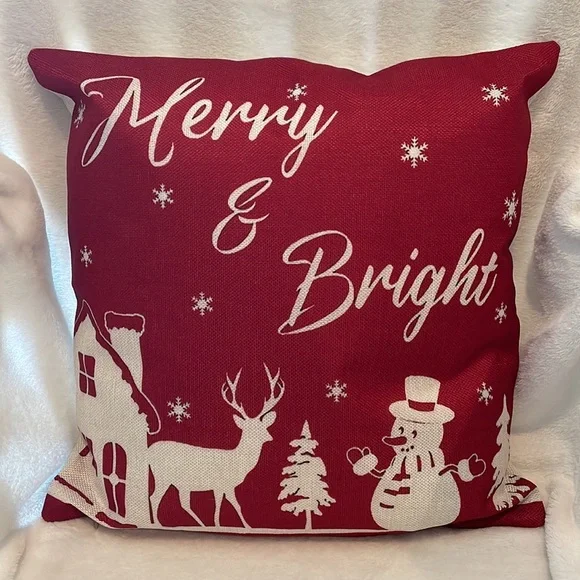 Both New! Linen Pillow cover + insert, 18”x18”, “Merry & Bright”